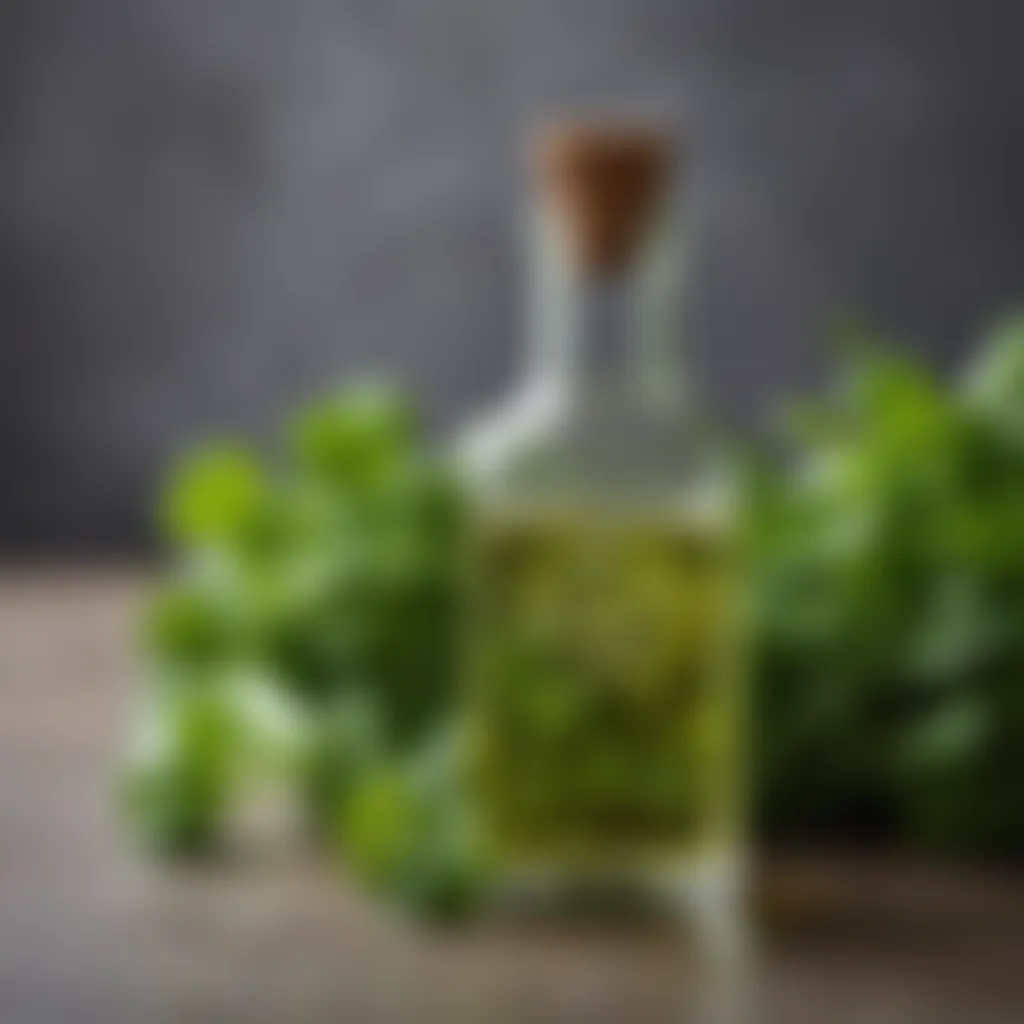 Cilantro-infused aromatic oil in a clear glass bottle