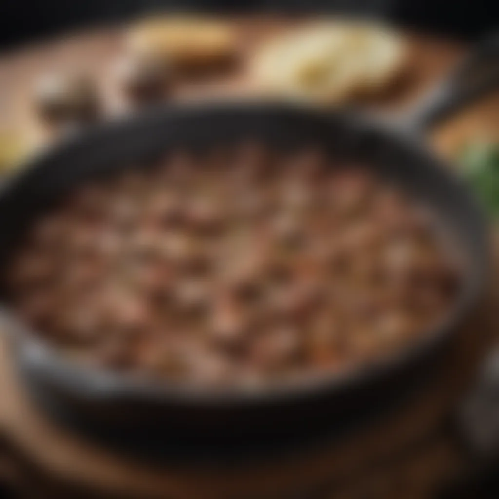 Sizzling ground beef in a cast iron skillet