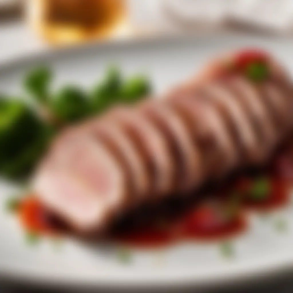 Sliced pork tenderloin plated elegantly