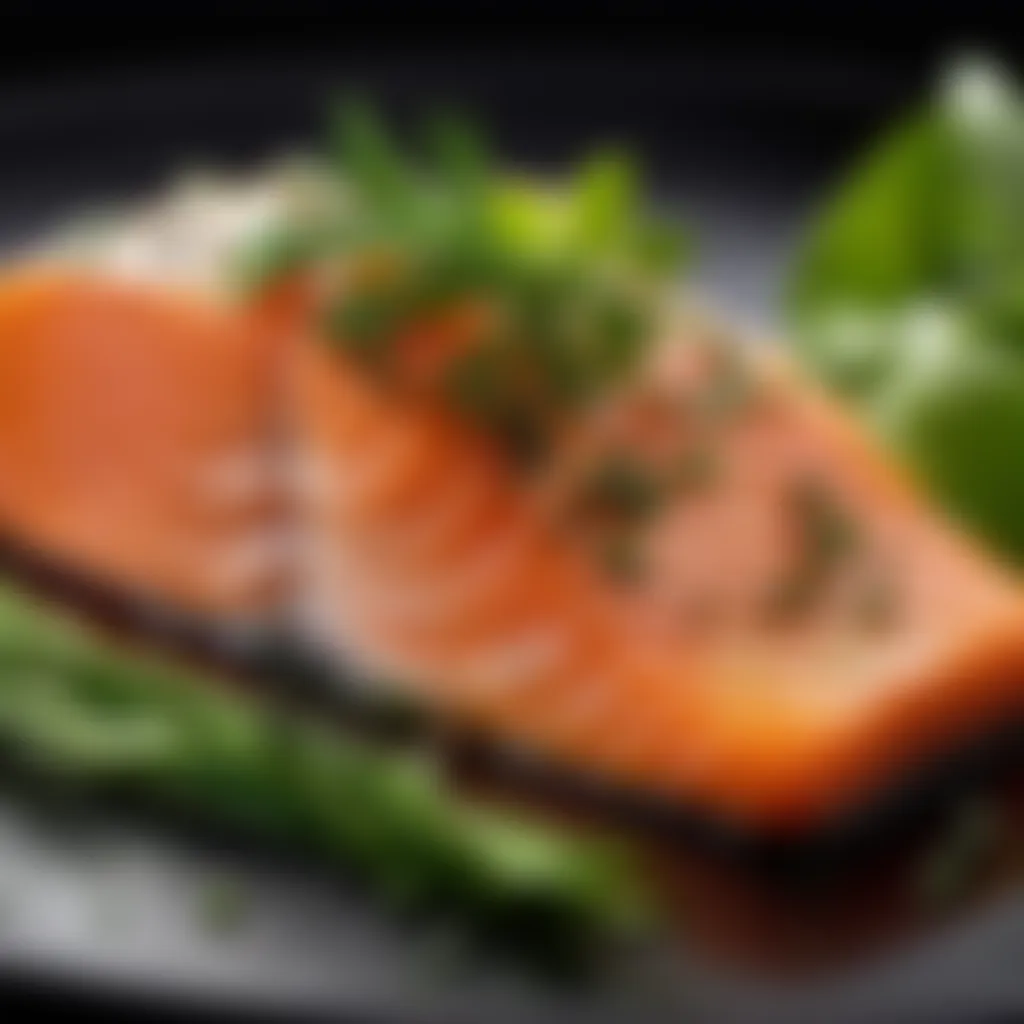 Sliced salmon fillet adorned with vibrant herb garnish