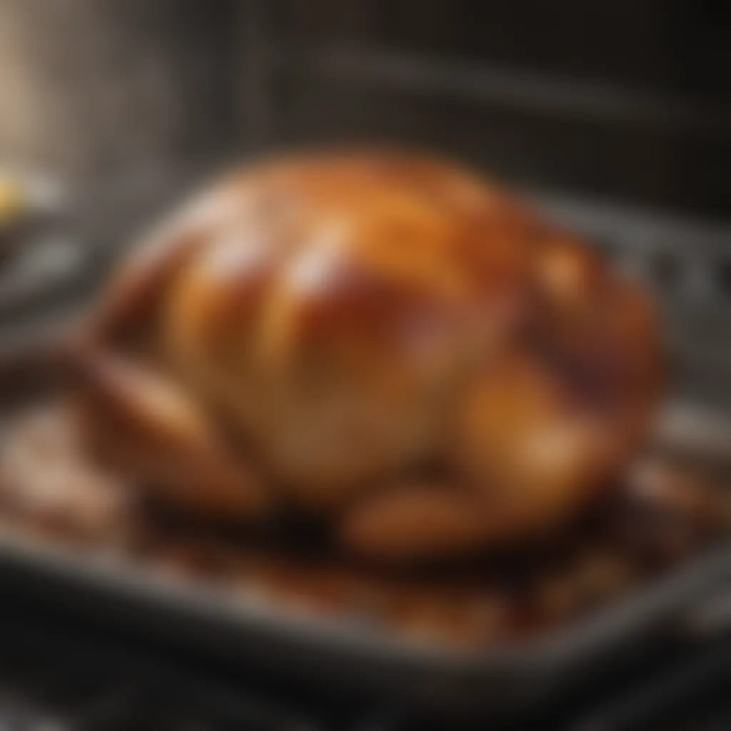 Golden brown turkey breast roasting in a convection oven