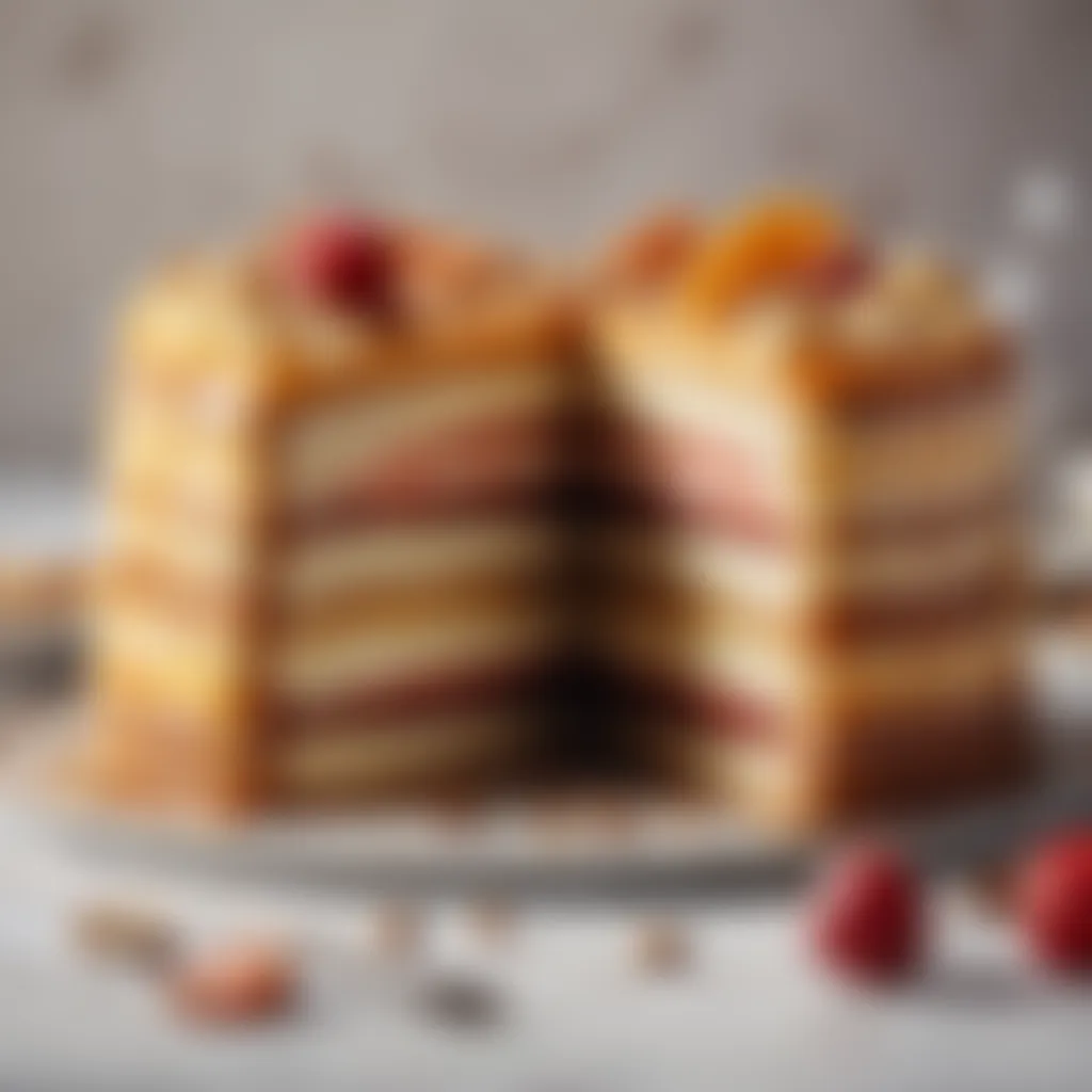 Sliced cake revealing luscious layers and fillings