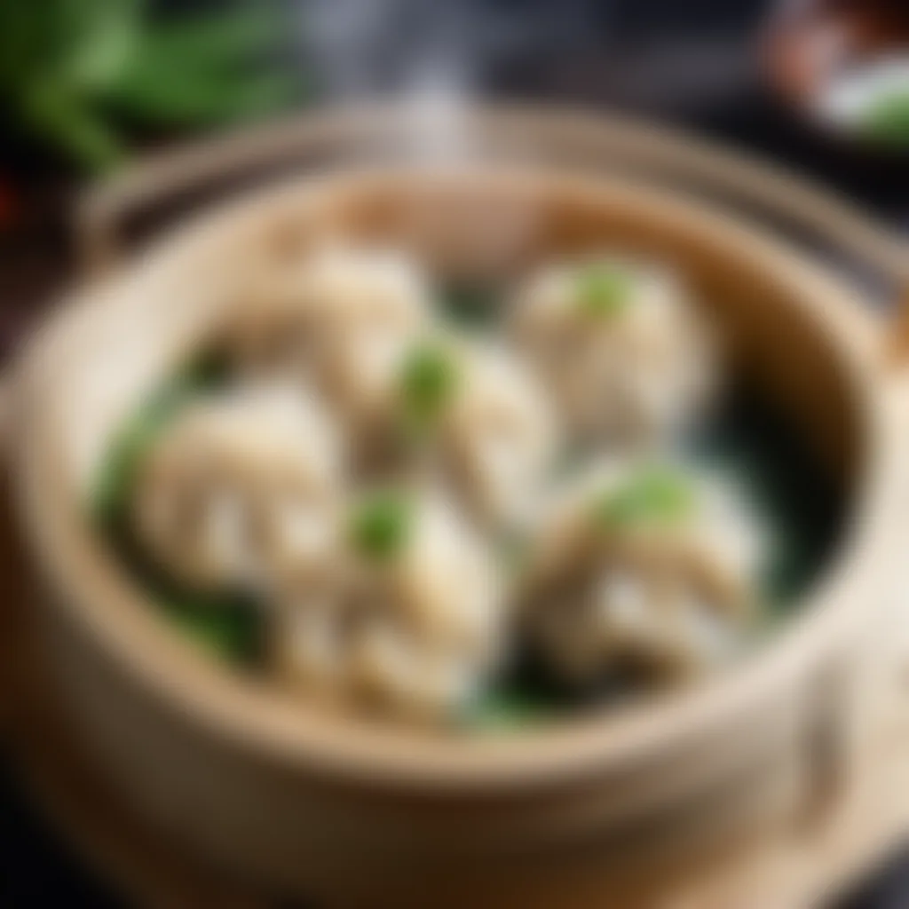 Artistic interpretation of steaming dumplings in a bamboo basket