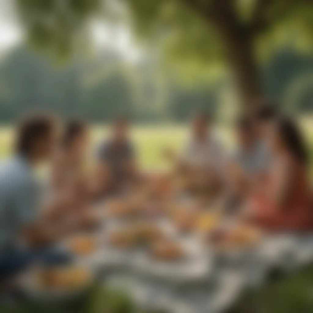 Illustration showcasing a diverse group of friends enjoying a picnic in a serene setting