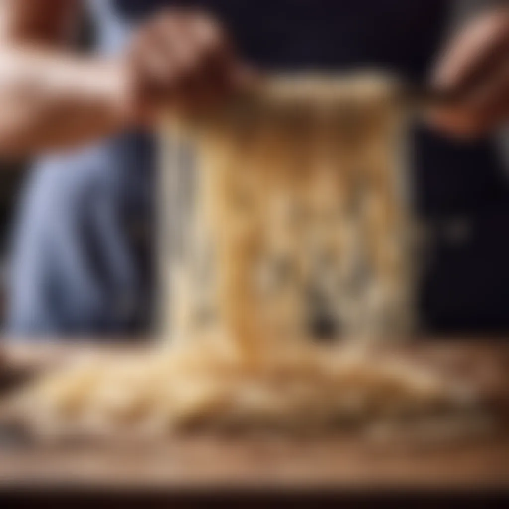 Udon noodles being skillfully cut with precision