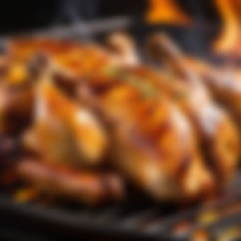 Golden-brown chicken on sizzling grill