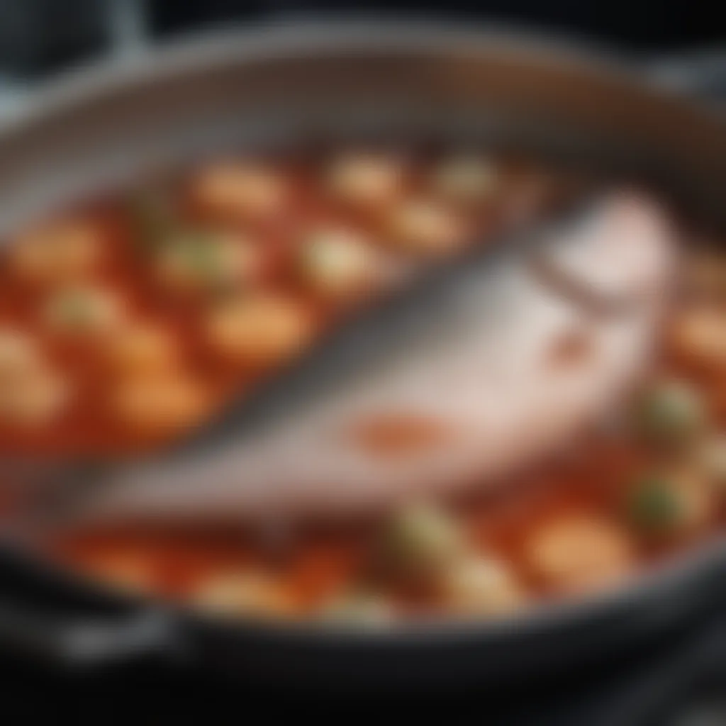 Illustration of fish being gently poached in a simmering liquid