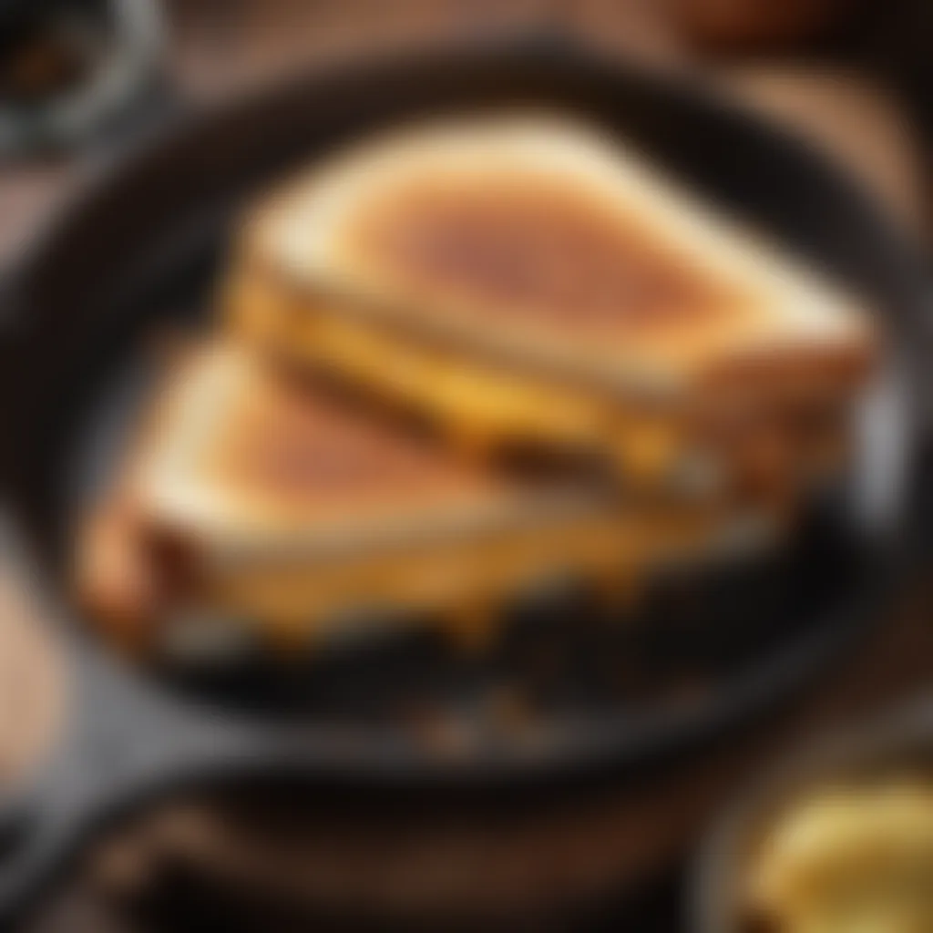 Golden brown grilled cheese sandwich sizzling on a cast iron skillet