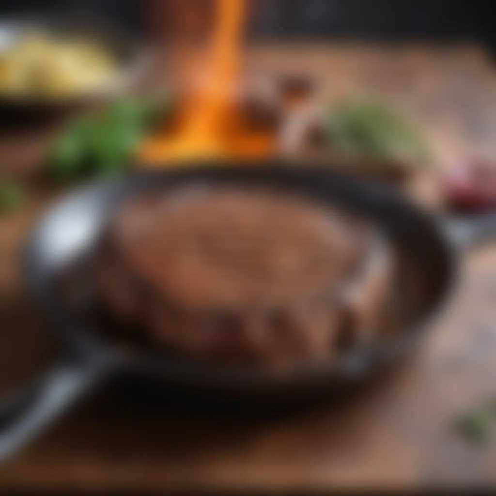 Sizzling steak on a cast iron skillet