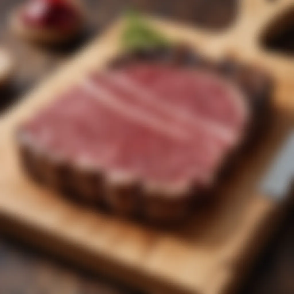 A beautifully marbled boneless rib eye steak resting on a wooden cutting board