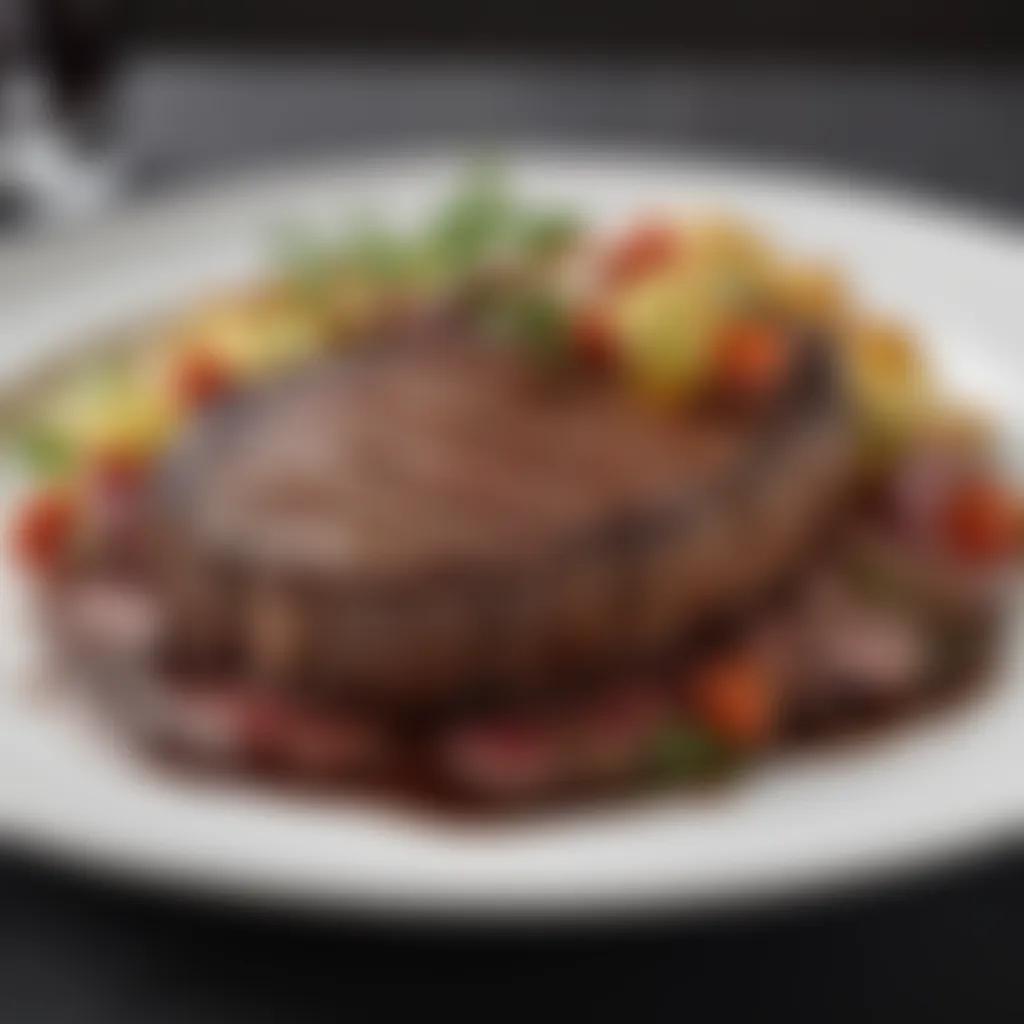 An elegant plate presentation of a boneless rib eye steak with garnishes