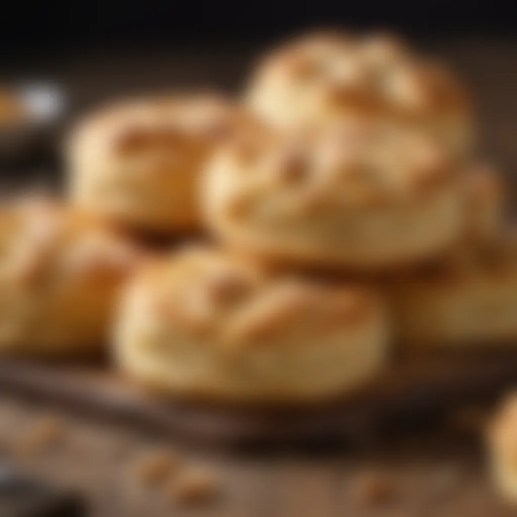 A close-up of golden, flaky biscuits resting on a rustic wooden table