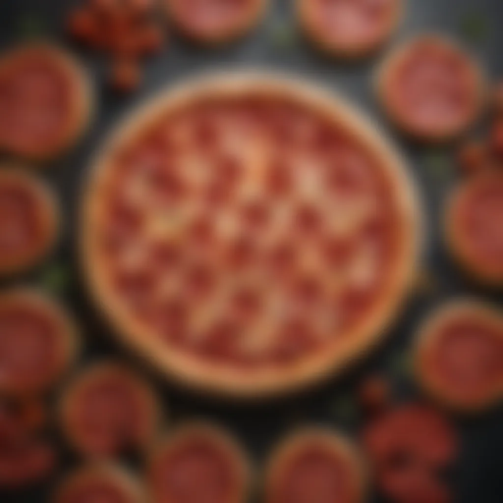 An overhead view of a whole medium pepperoni pizza on a table