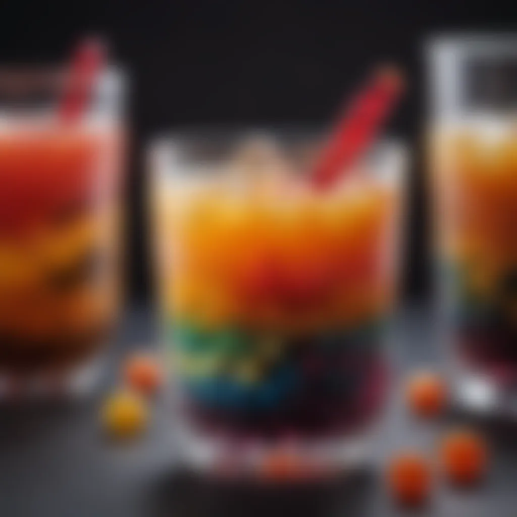 A mesmerizing swirl of colorful bubble tea with jelly pearls in a clear glass