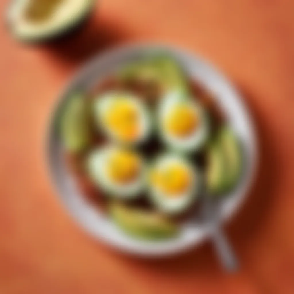 Overhead shot of garnished Mexican baked eggs with avocado slices