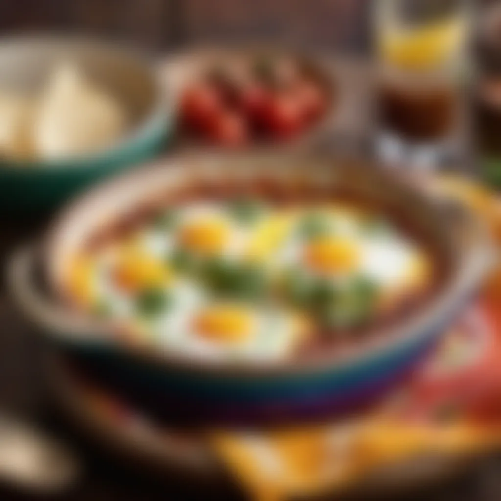 Mexican baked eggs with refried beans in colorful ceramic dish