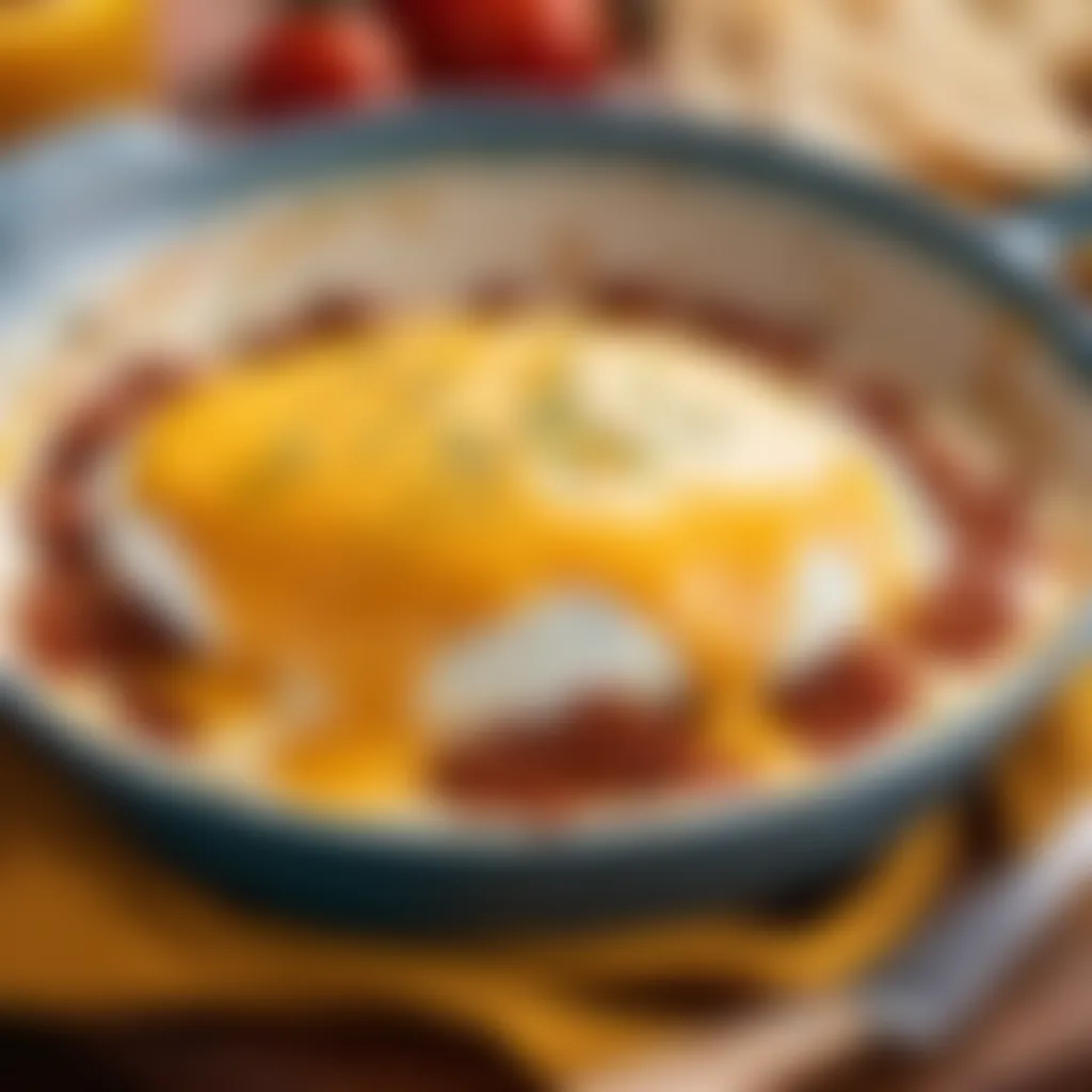 Close-up of melted cheese topping on Mexican baked eggs