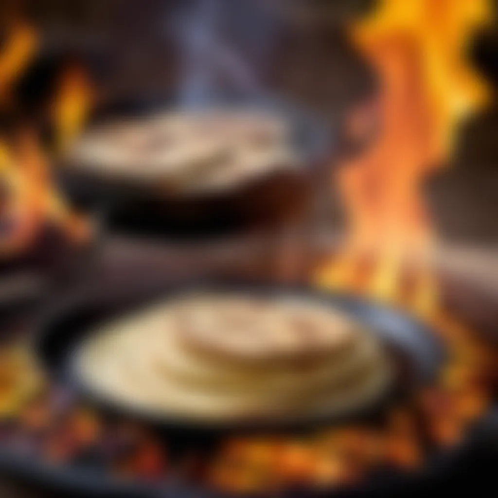 Mexican comal with tortillas cooking over open flame