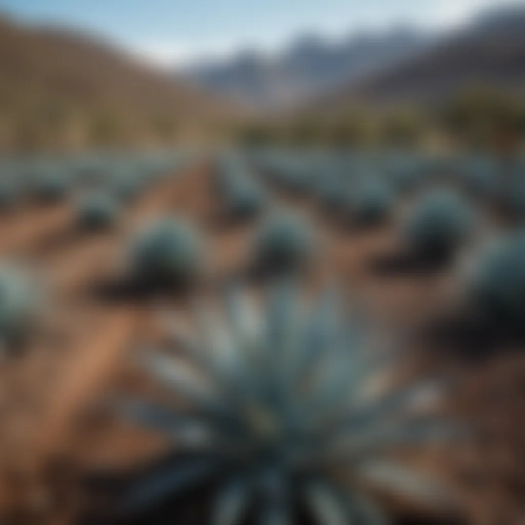 A vibrant agave field under a clear blue sky showcasing diverse agave plants.