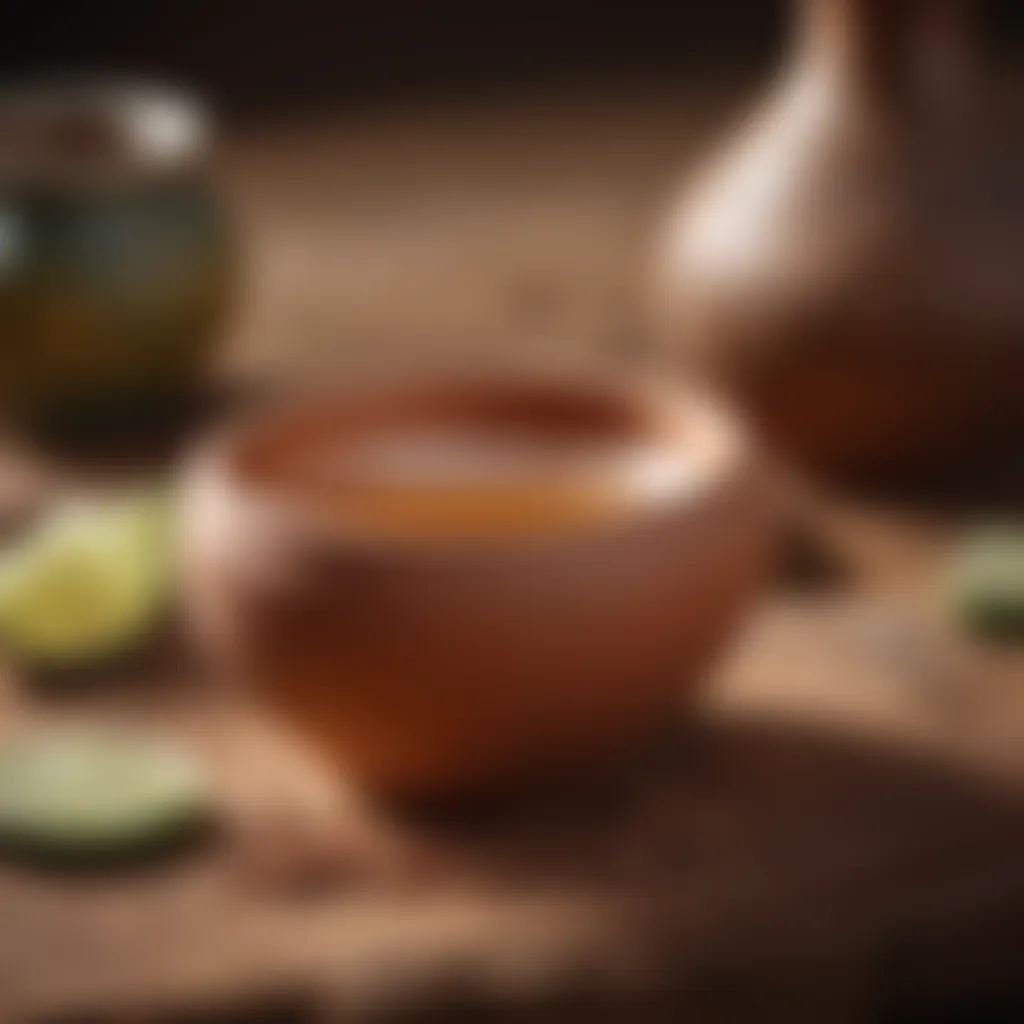 A close-up of mezcal poured into a traditional clay cup, emphasizing its rich color and texture.