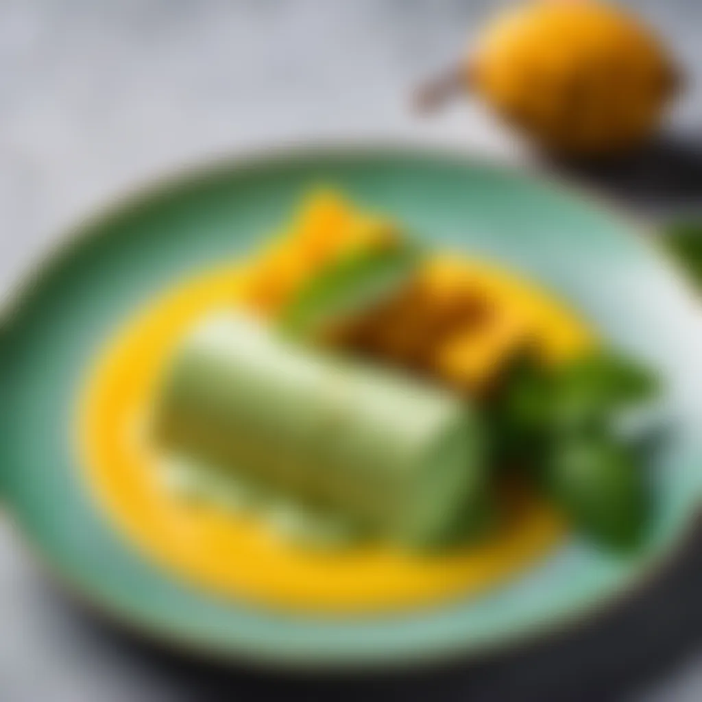 Fresh mint leaves adorning a tempting plate of mango kulfi