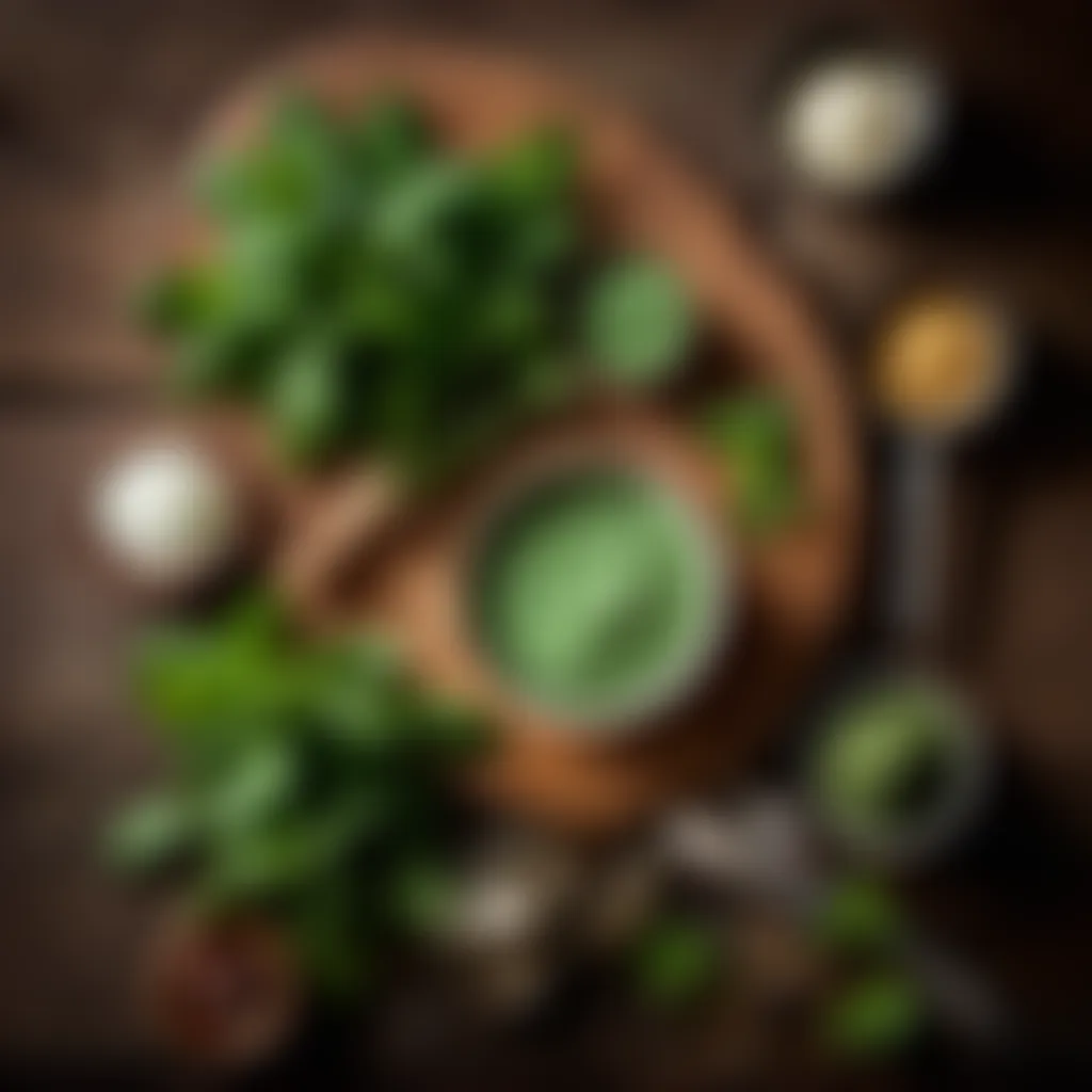 Ingredients for mint sauce on a rustic wooden table