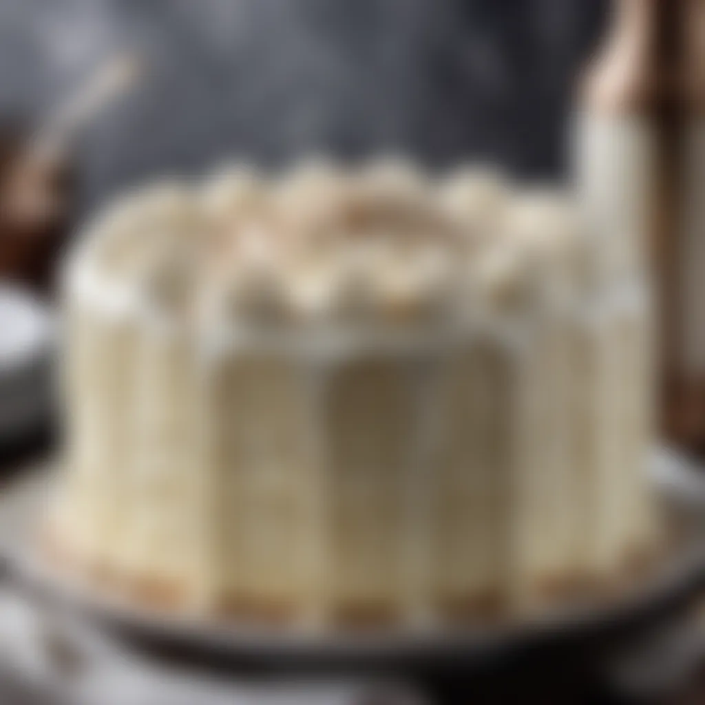 A close-up of a moist and fluffy vanilla cake with cream cheese frosting