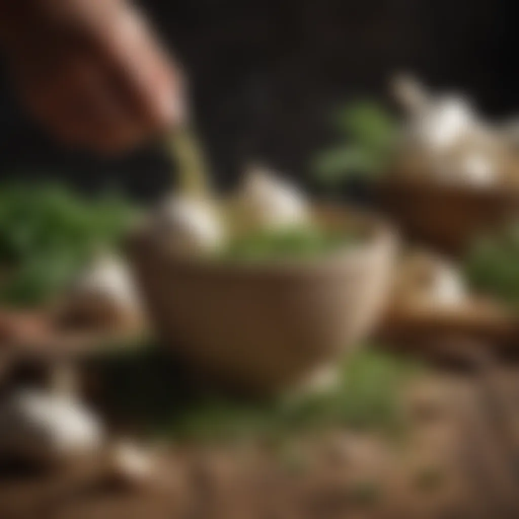 Mortar and Pestle Crushing Garlic and Herbs