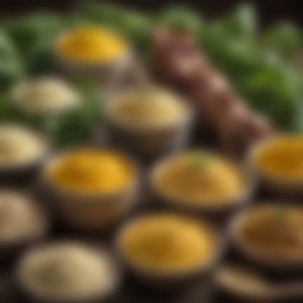 An assortment of mustard varieties alongside horseradish, highlighting their diverse flavors.