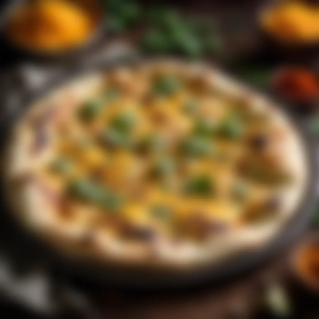 Cheesy and Spicy Naan Bread Naan bread topped with melted cheese and spices