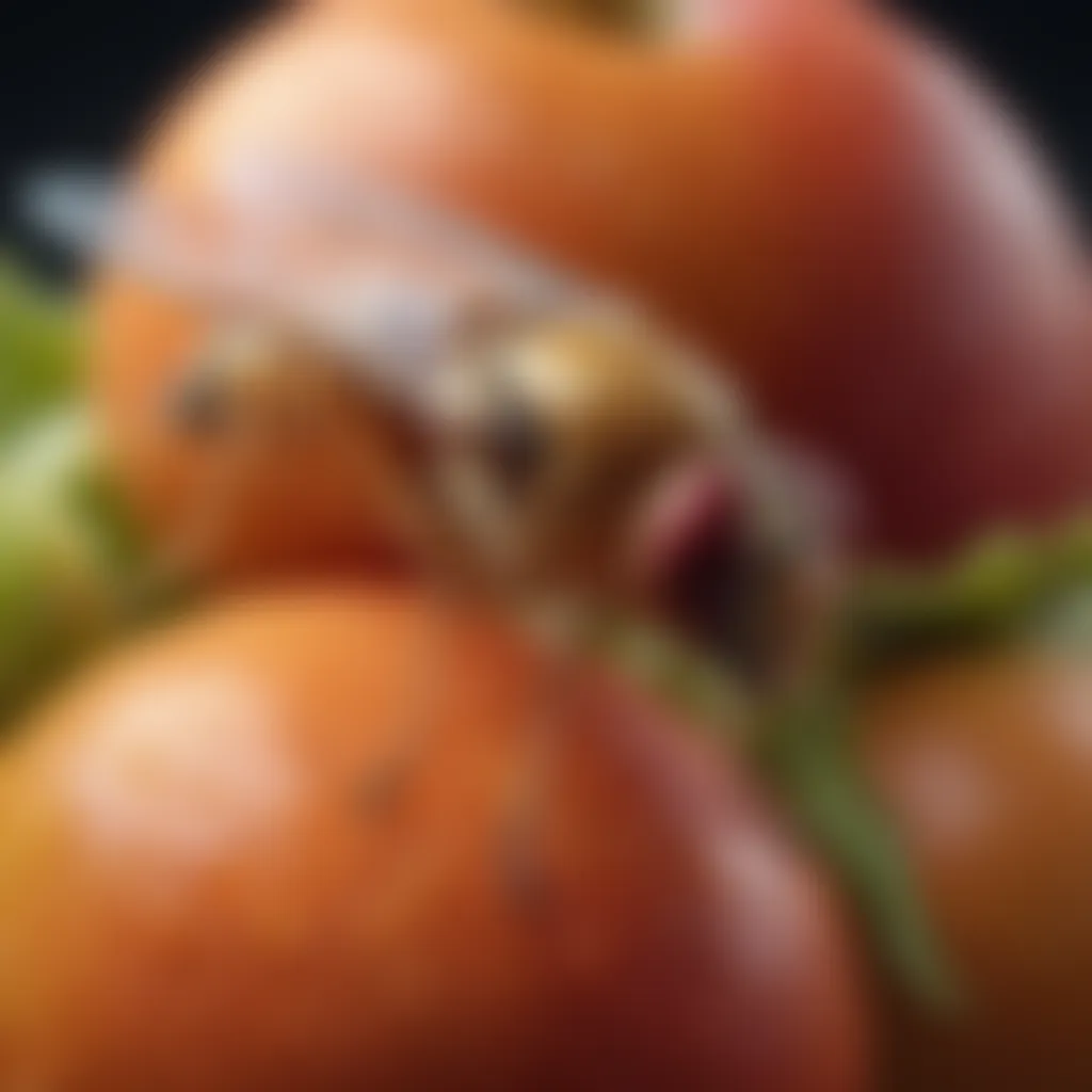 Close-up of a fruit fly on a ripe fruit