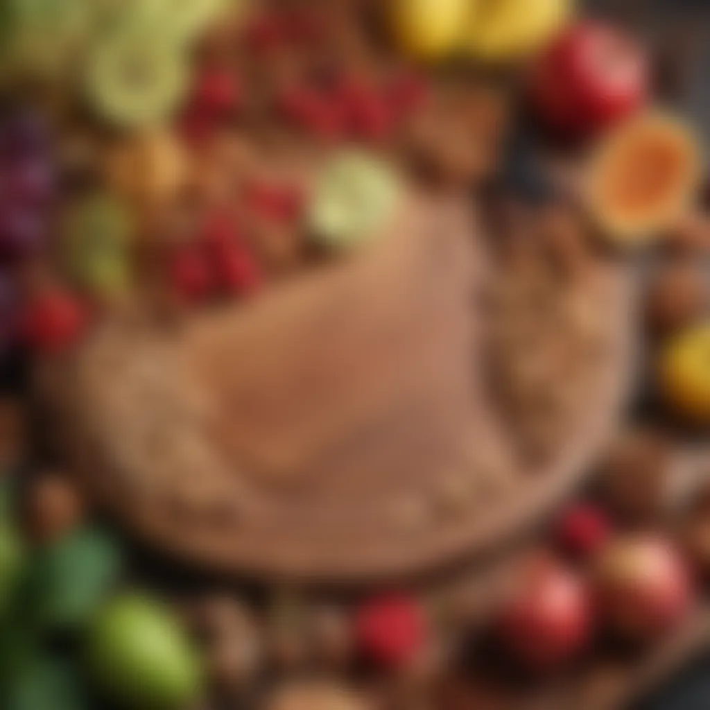 Variety of colorful fruits and nuts on a wooden cutting board