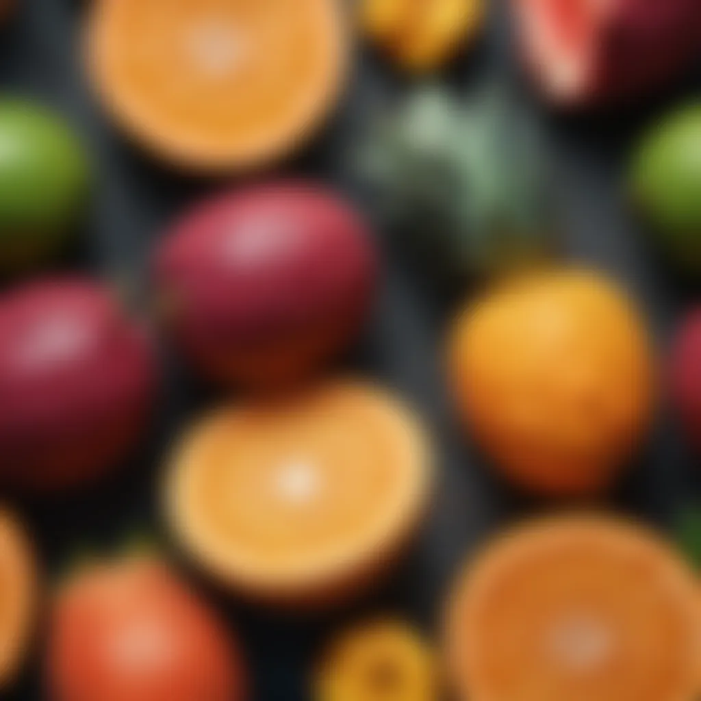 A vibrant assortment of tropical fruits showcasing their rich colors and textures.