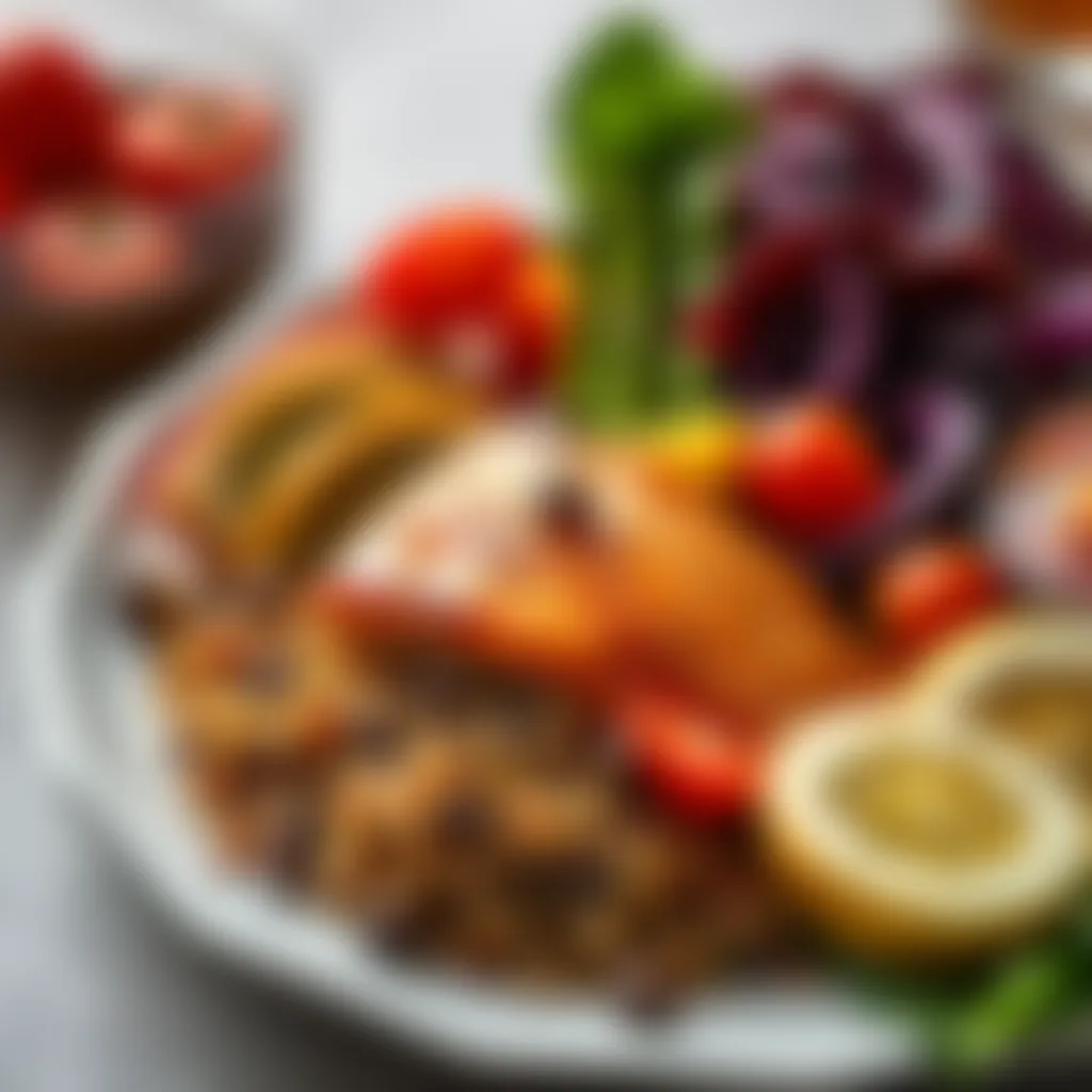 A beautifully arranged plate featuring salmon, quinoa, and a variety of vegetables