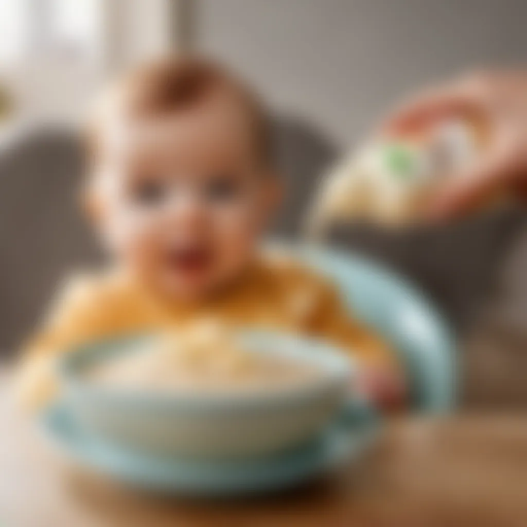 Happy 6-month-old baby eagerly reaching out for a spoonful of Uggu porridge