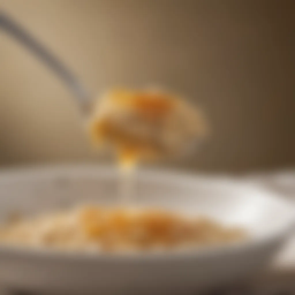 A close-up of a spoonful of oatmeal with a drizzle of honey.