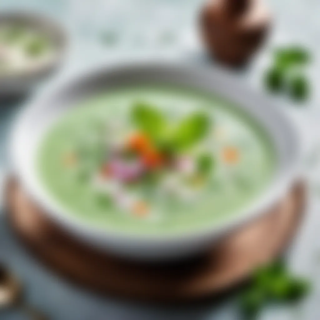 Chilled okroshka soup garnished with herbs