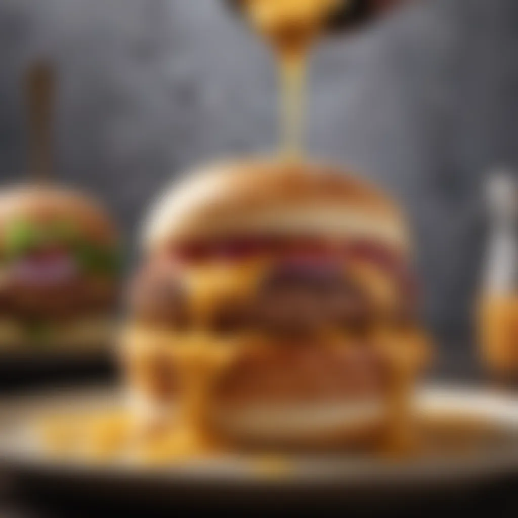 A close-up of a golden onion sauce being drizzled over a gourmet burger