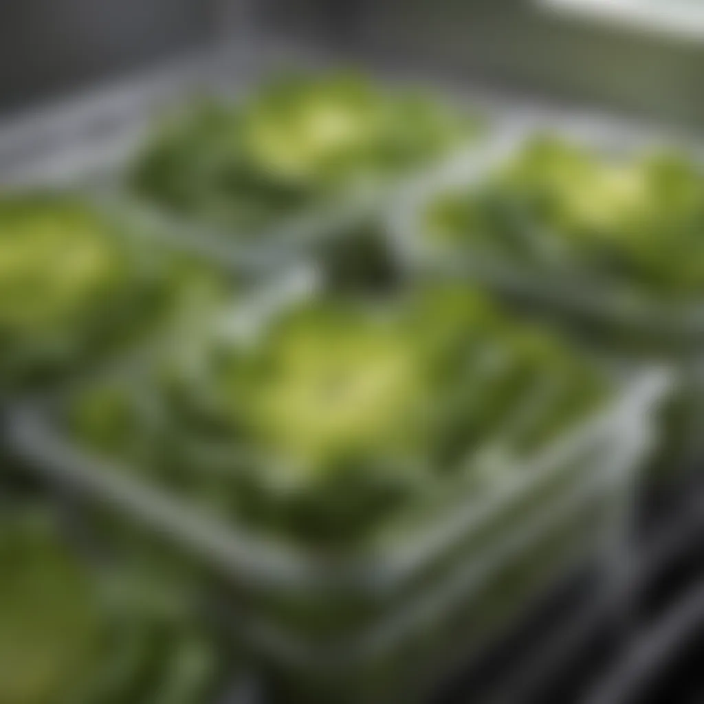 Close-up of a specialized lettuce storage container with ventilation