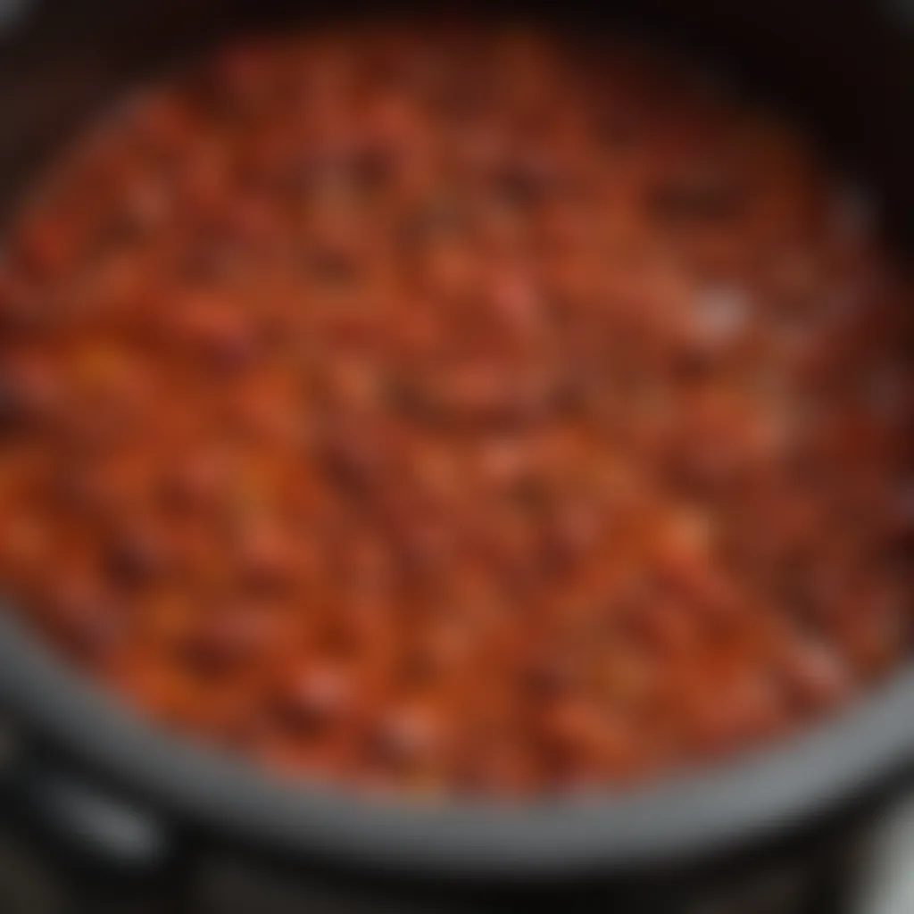 Simmering chili in slow cooker close-up