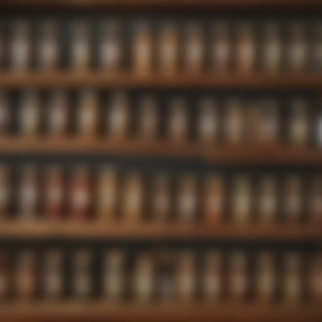 Aromatic spice jars arranged neatly on a wooden shelf