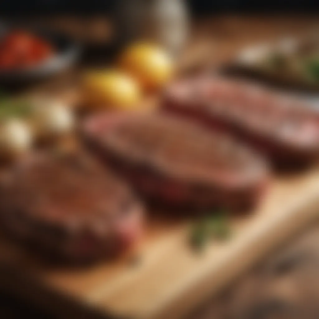 A selection of premium steaks arranged beautifully on a wooden board.