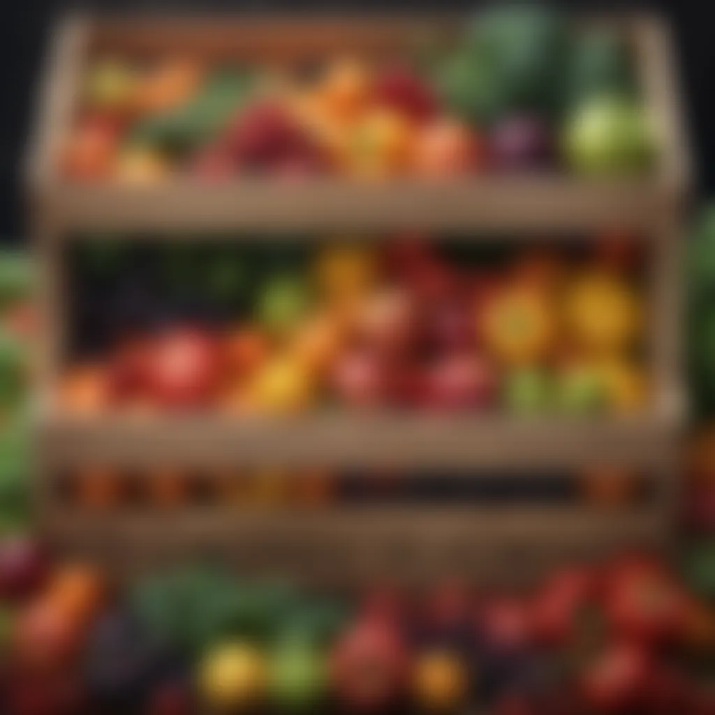 Variety of colorful organic fruits and vegetables in a wooden crate