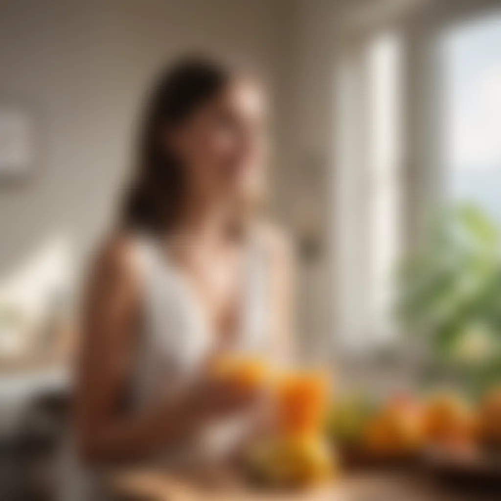 Woman enjoying a refreshing glass of organic juice in a sunlit room