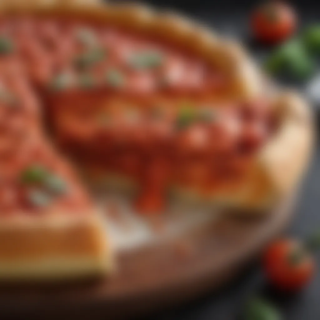 A close-up of the rich tomato sauce on a slice of Chicago pizza