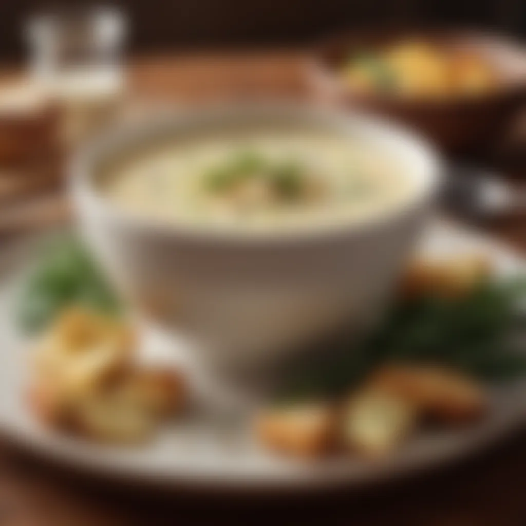 A bowl of creamy potato soup with fresh herbs