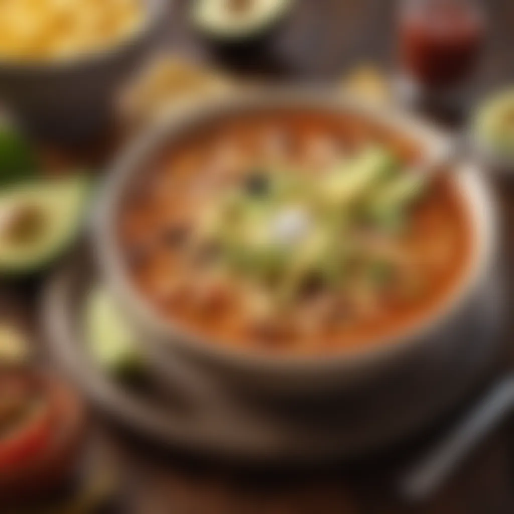 Spicy and hearty tortilla soup garnished with avocado