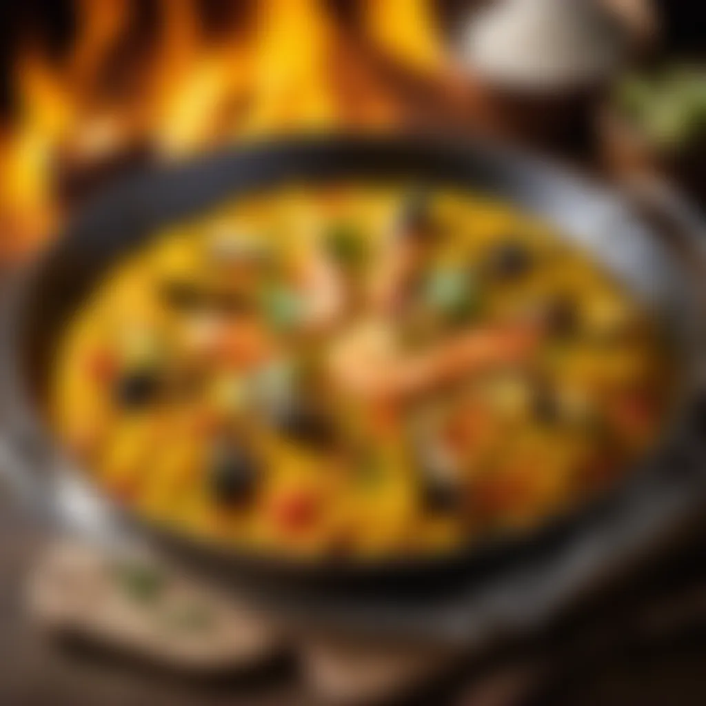 Traditional paella pan with aromatic Arroz Valenciana Authentic Spanish paella pan with simmering Arroz Valenciana