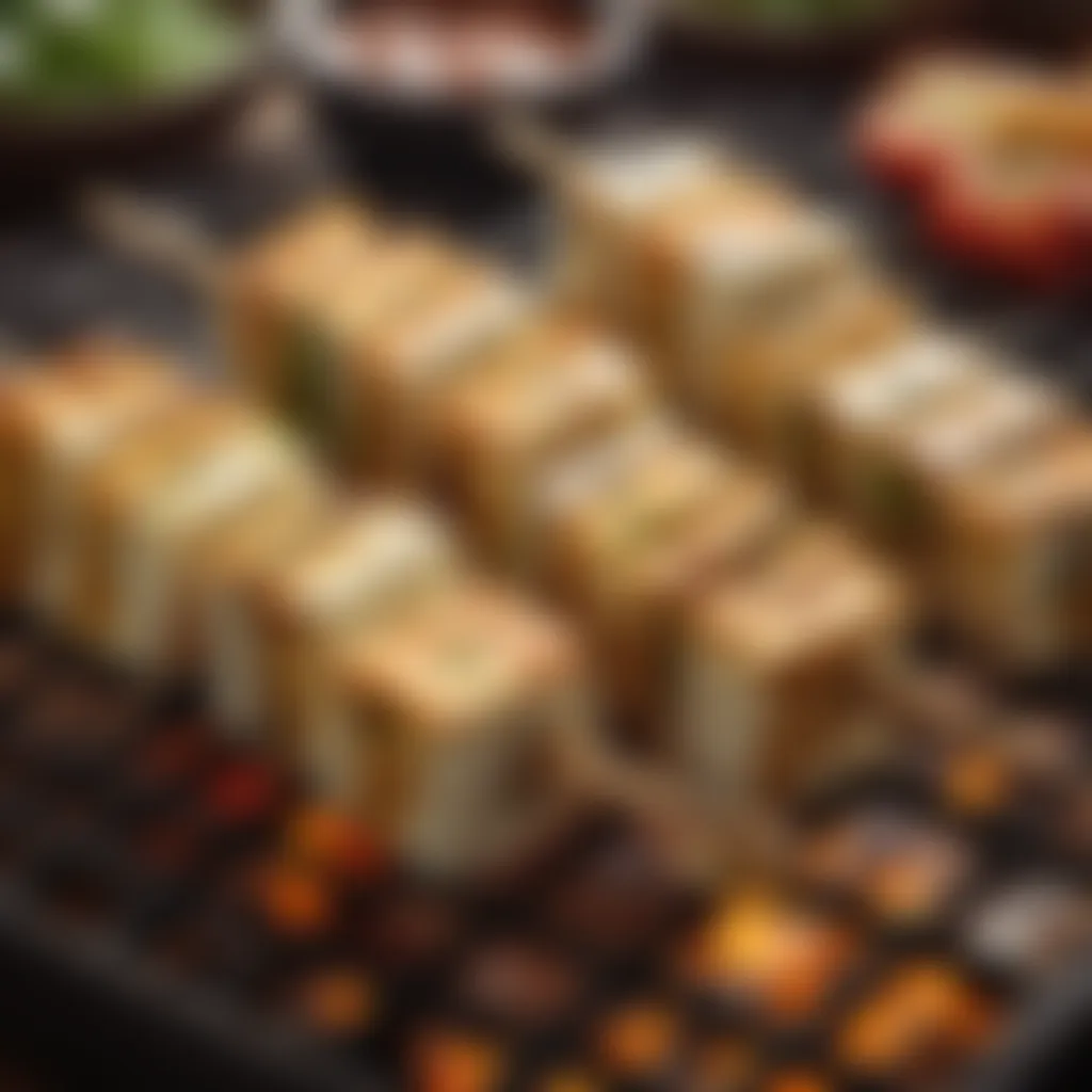 Paneer cubes being grilled on skewers