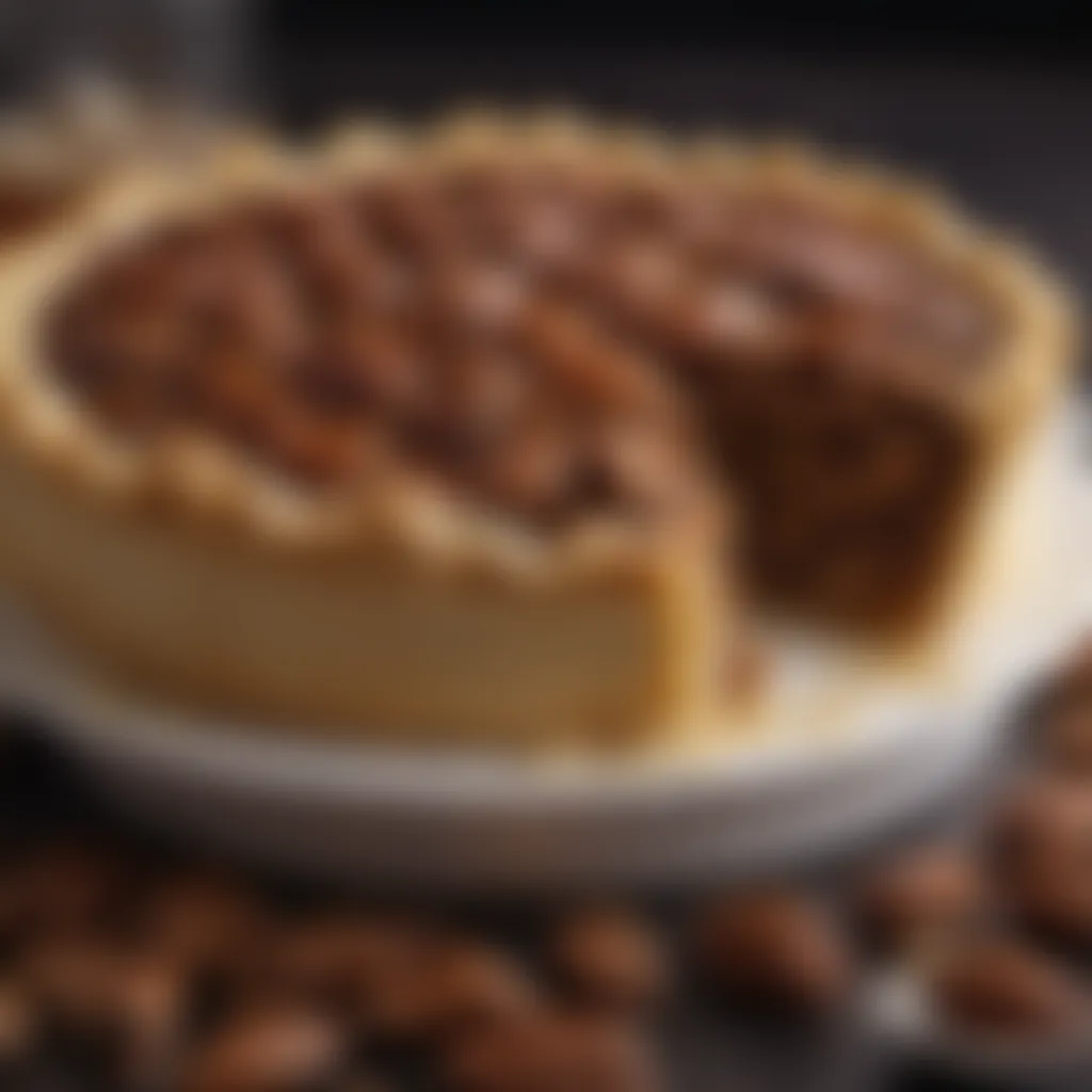 A close-up of the pecan pie filling, emphasizing its glossy texture and nutty appeal.